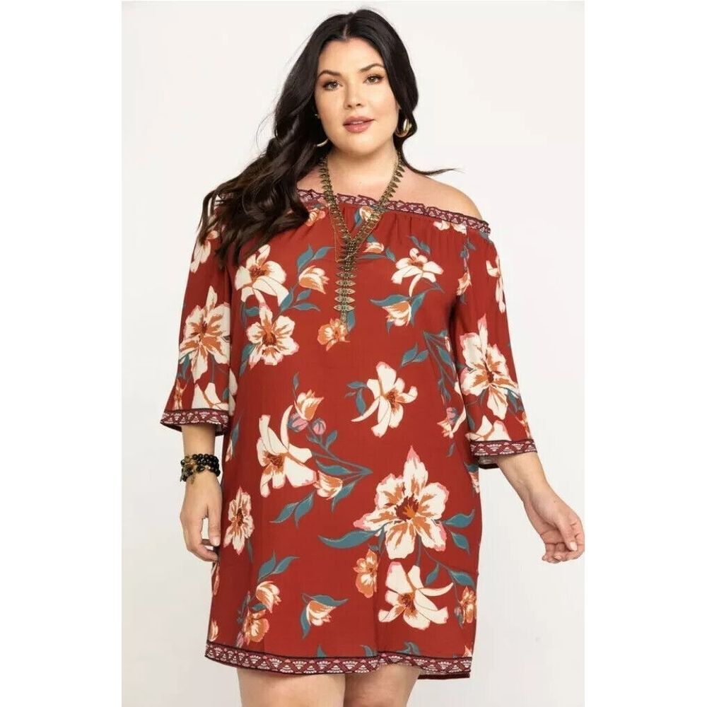 Flying‎ Tomato Womens Plus Size 2X Bohemian Dress Red Floral  Off Shoulder